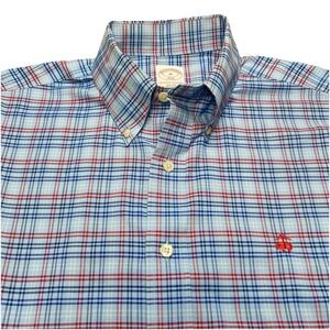 Brooks Brothers 346 Shirt M Mens L/S Button Down Pinpoint Oxford Blue Plaid EUC
